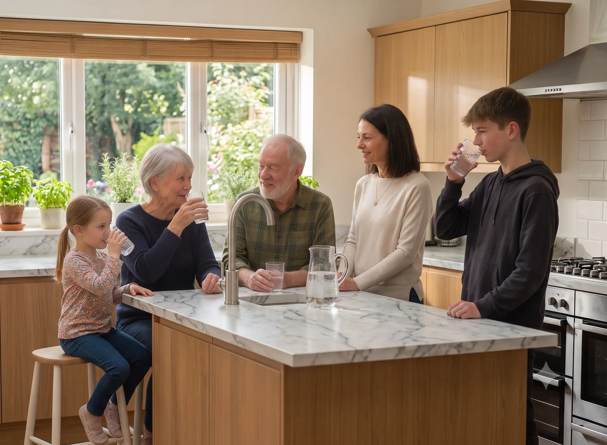 A happy multi-generational family laughing together while holding glasses of water around a bright kitchen island - H2O to GO