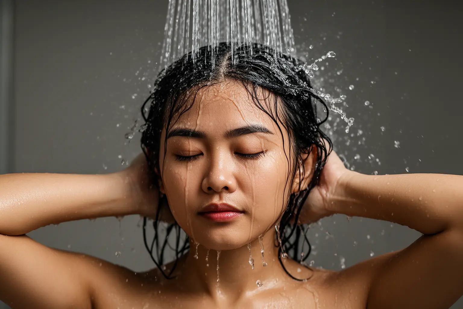 A serene woman with her eyes closed enjoying a refreshing shower as clean water cascades over her hair and face - H2O to GO
